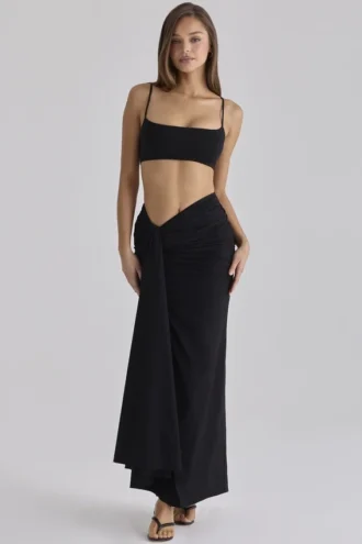 April Black Draped Cotton Midi Skirt