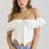 Aria White Stretch Cotton Off-The-Shoulder Frill Corset Aria White Stretch Cotton Off-The-Shoulder Frill Corset