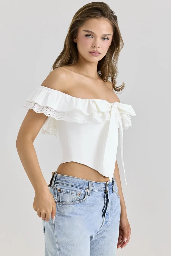 Aria White Stretch Cotton Off-The-Shoulder Frill Corset Aria White Stretch Cotton Off-The-Shoulder Frill Corset