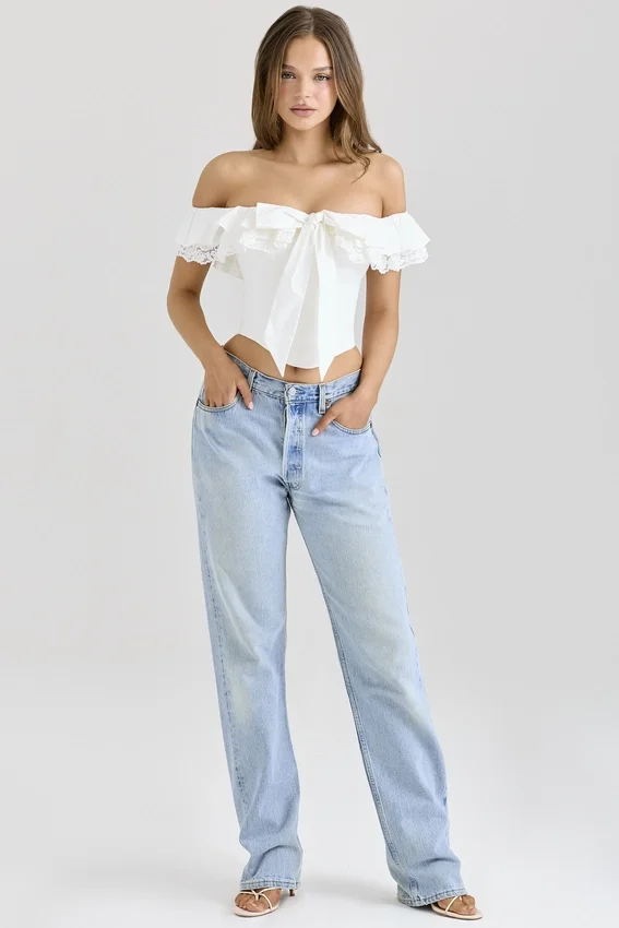 Aria White Stretch Cotton Off-The-Shoulder Frill Corset Aria White Stretch Cotton Off-The-Shoulder Frill Corset