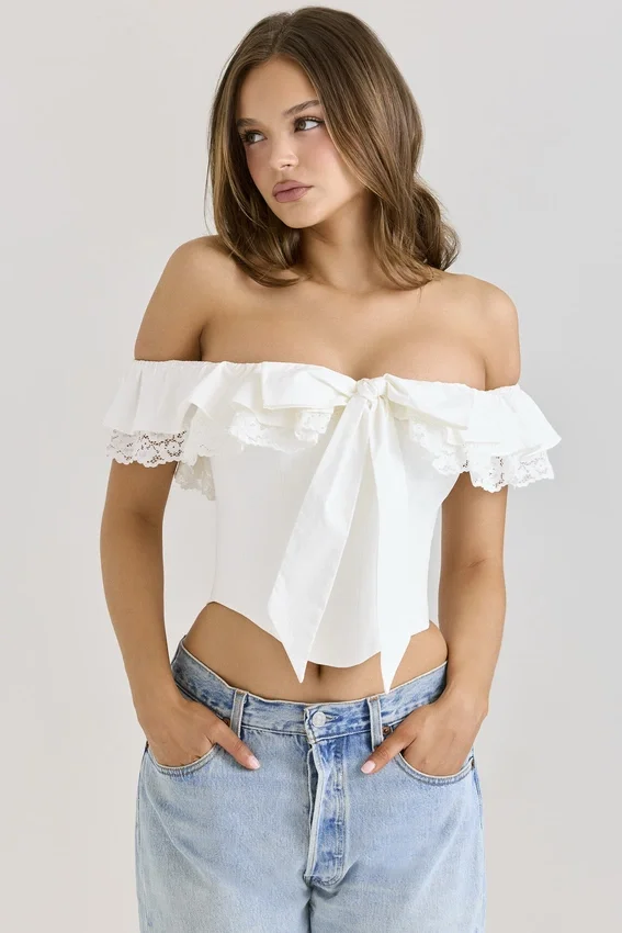 Aria White Stretch Cotton Off-The-Shoulder Frill Corset Aria White Stretch Cotton Off-The-Shoulder Frill Corset