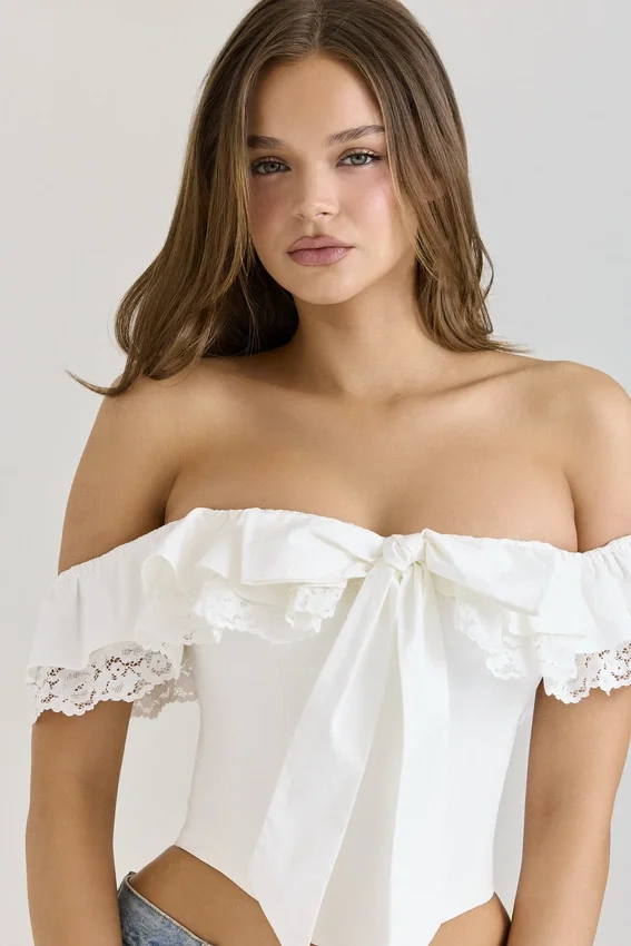 Aria White Stretch Cotton Off-The-Shoulder Frill Corset Aria White Stretch Cotton Off-The-Shoulder Frill Corset