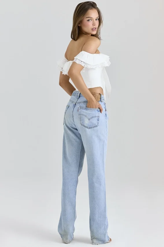 Aria White Stretch Cotton Off-The-Shoulder Frill Corset Aria White Stretch Cotton Off-The-Shoulder Frill Corset