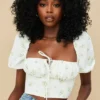 Arianna Ivory Floral Puff Sleeve Cropped Top