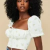 Arianna Ivory Floral Puff Sleeve Cropped Top
