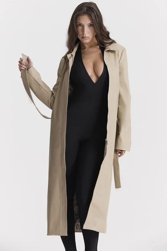Ariel Beige Vegan Leather Trench Coat Ariel Beige Vegan Leather Trench Coat