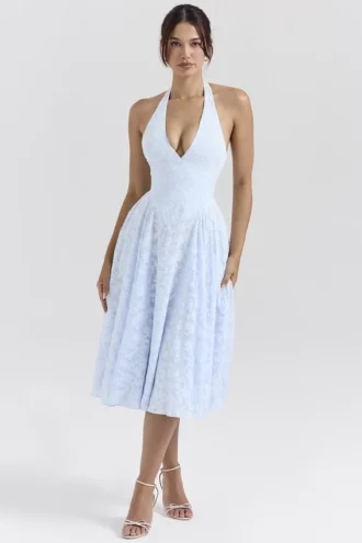 Arietta Bluebell Floral Jacquard Halter Midi Dress