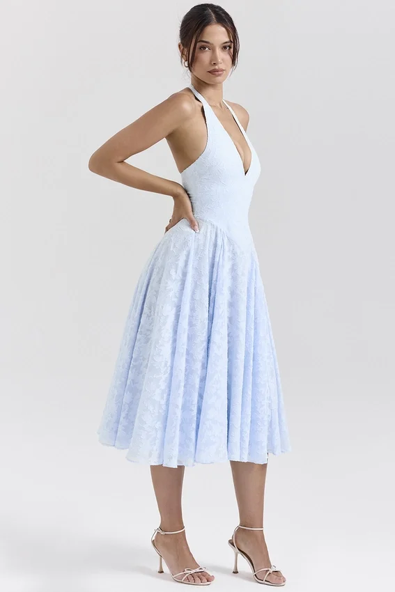 Arietta Bluebell Floral Jacquard Halter Midi Dress Arietta Bluebell Floral Jacquard Halter Midi Dress