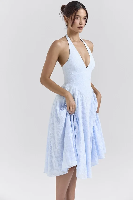 Arietta Bluebell Floral Jacquard Halter Midi Dress Arietta Bluebell Floral Jacquard Halter Midi Dress