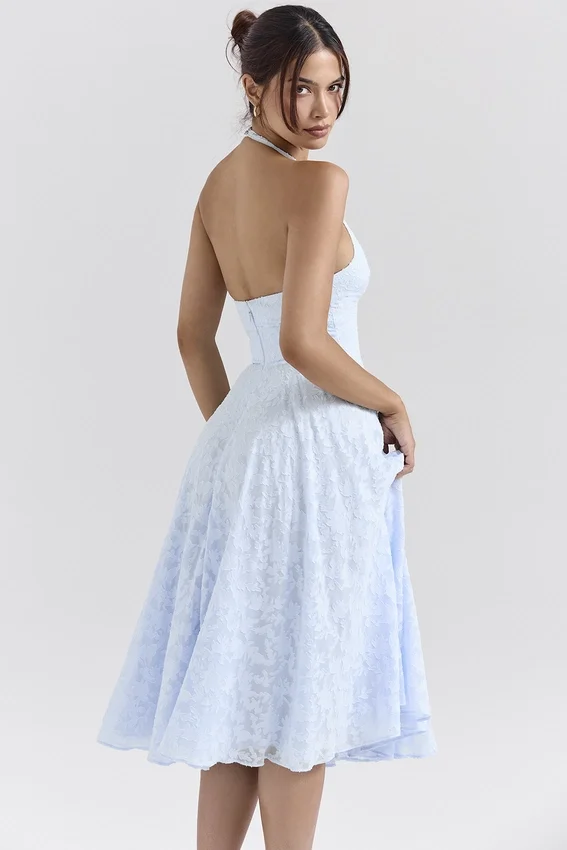 Arietta Bluebell Floral Jacquard Halter Midi Dress Arietta Bluebell Floral Jacquard Halter Midi Dress