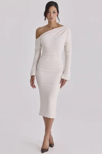 Arista Vintage Ivory Draped Crepe One Shoulder Midi Dress Arista Vintage Ivory Draped Crepe One Shoulder Midi Dress