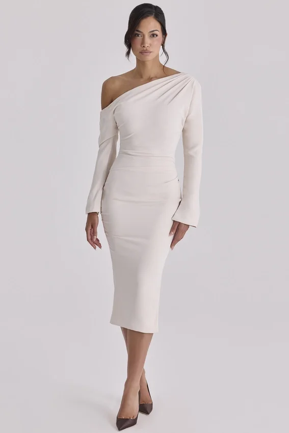 Arista Vintage Ivory Draped Crepe One Shoulder Midi Dress Arista Vintage Ivory Draped Crepe One Shoulder Midi Dress