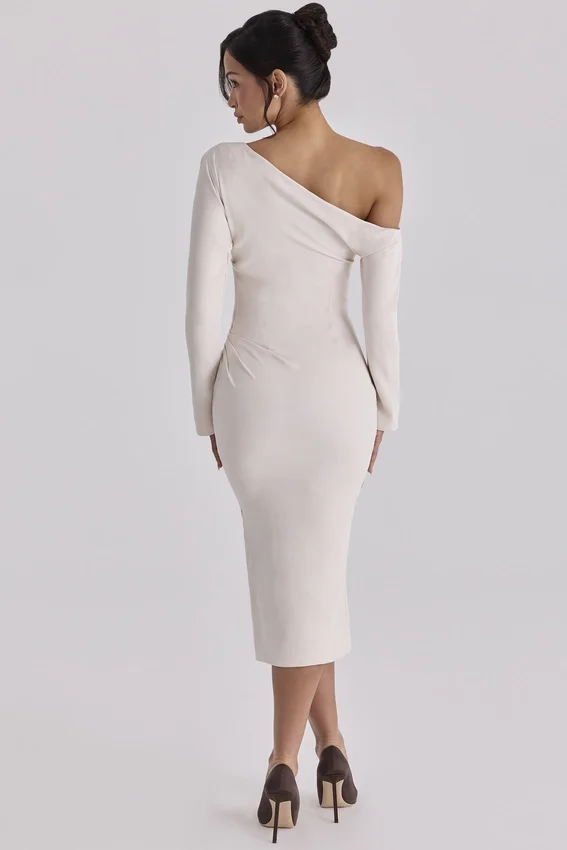 Arista Vintage Ivory Draped Crepe One Shoulder Midi Dress Arista Vintage Ivory Draped Crepe One Shoulder Midi Dress