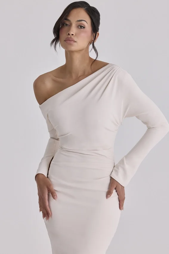 Arista Vintage Ivory Draped Crepe One Shoulder Midi Dress Arista Vintage Ivory Draped Crepe One Shoulder Midi Dress