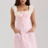 Astra Pink Gingham Cotton Ruffle Neck Mini Dress Astra Pink Gingham Cotton Ruffle Neck Mini Dress