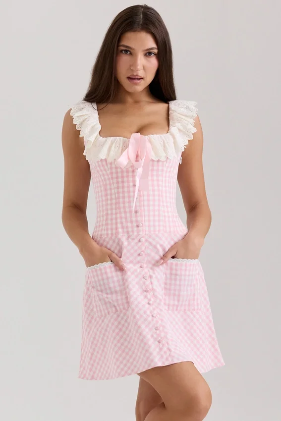 Astra Pink Gingham Cotton Ruffle Neck Mini Dress Astra Pink Gingham Cotton Ruffle Neck Mini Dress