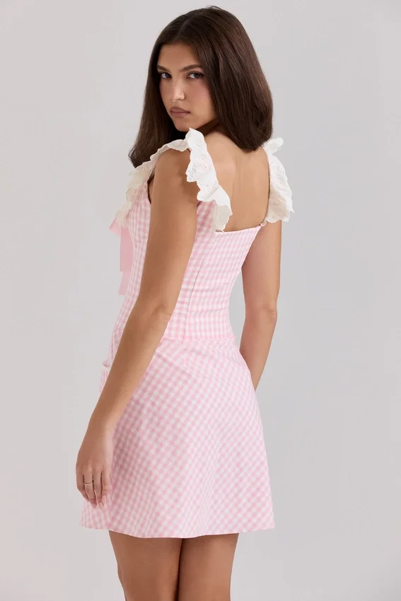 Astra Pink Gingham Cotton Ruffle Neck Mini Dress Astra Pink Gingham Cotton Ruffle Neck Mini Dress