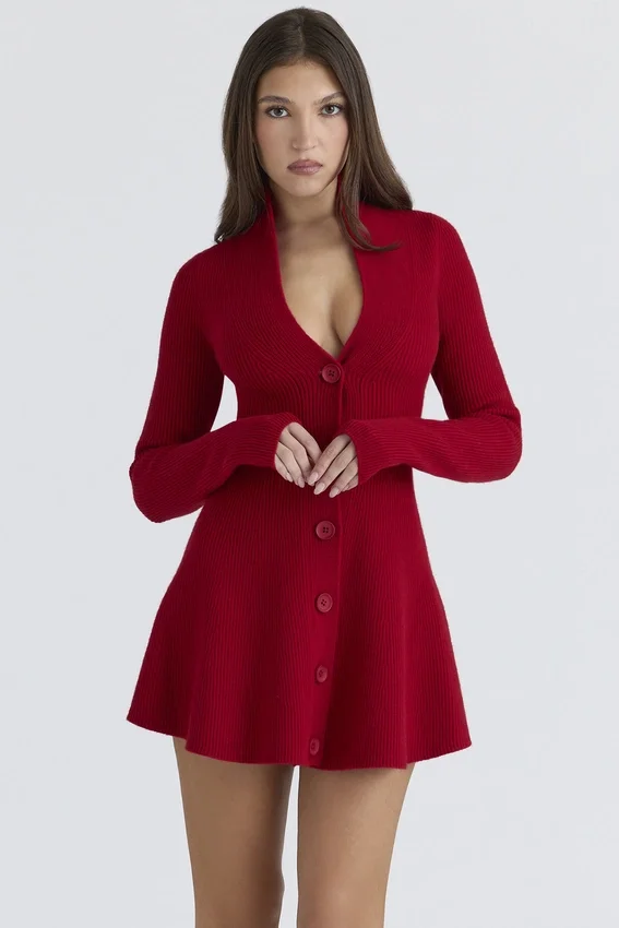 Aubrey Red Pure New Wool Cardigan Mini Dress Aubrey Red Pure New Wool Cardigan Mini Dress