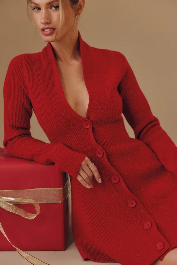 Aubrey Red Pure New Wool Cardigan Mini Dress Aubrey Red Pure New Wool Cardigan Mini Dress