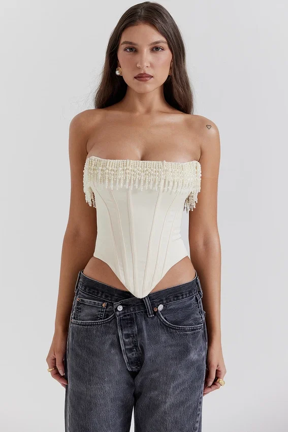 Aubrie Vintage Cream Embellished Satin Corset Aubrie Vintage Cream Embellished Satin Corset