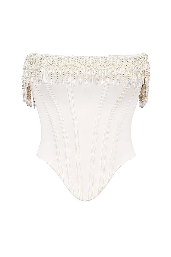 Aubrie Vintage Cream Embellished Satin Corset Aubrie Vintage Cream Embellished Satin Corset