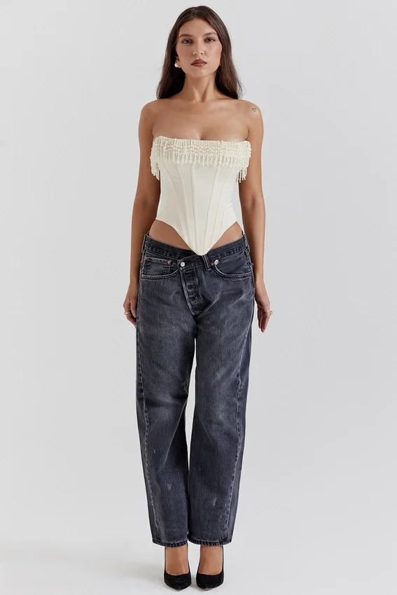 Aubrie Vintage Cream Embellished Satin Corset Aubrie Vintage Cream Embellished Satin Corset