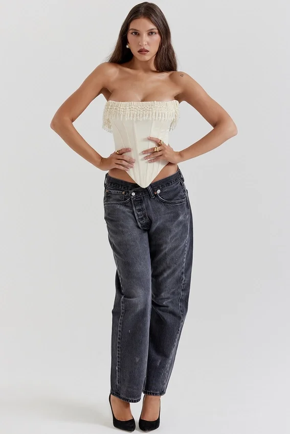 Aubrie Vintage Cream Embellished Satin Corset Aubrie Vintage Cream Embellished Satin Corset