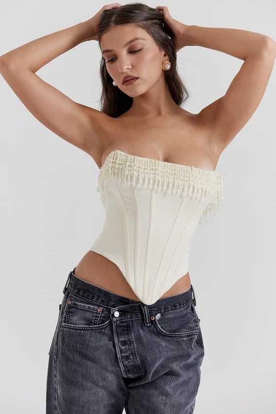 Aubrie Vintage Cream Embellished Satin Corset Aubrie Vintage Cream Embellished Satin Corset