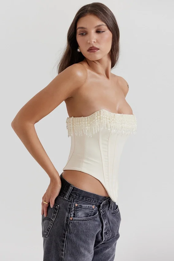 Aubrie Vintage Cream Embellished Satin Corset Aubrie Vintage Cream Embellished Satin Corset