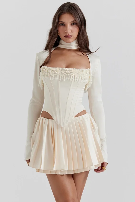 Aubrie Vintage Cream Embellished Satin Corset Aubrie Vintage Cream Embellished Satin Corset