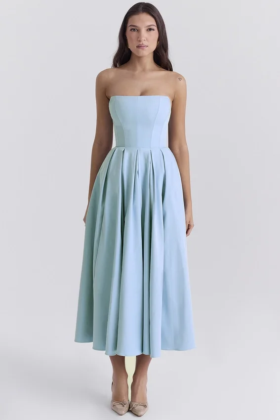 Audrey Tuscan Blue Strapless Midi Sundress Audrey Tuscan Blue Strapless Midi Sundress