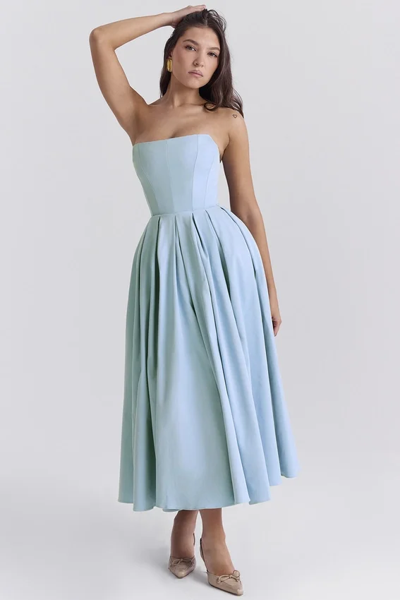 Audrey Tuscan Blue Strapless Midi Sundress Audrey Tuscan Blue Strapless Midi Sundress