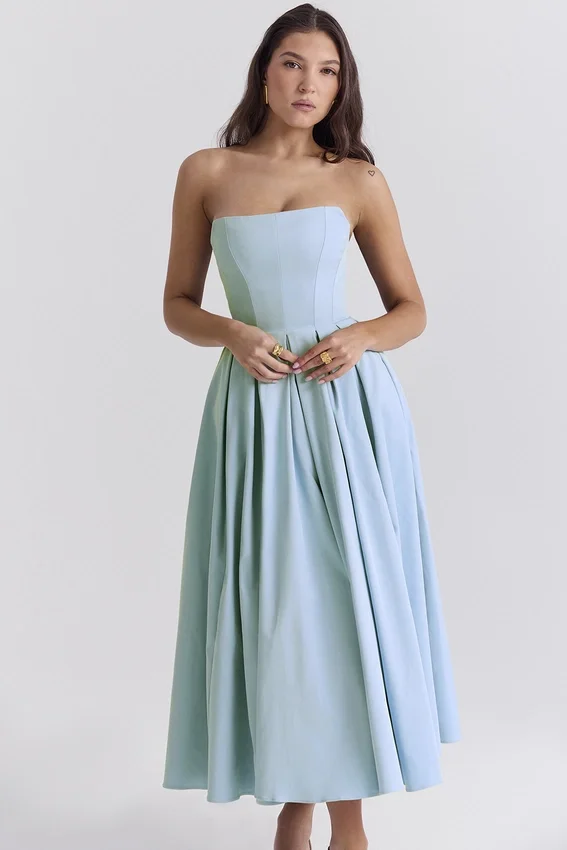 Audrey Tuscan Blue Strapless Midi Sundress Audrey Tuscan Blue Strapless Midi Sundress