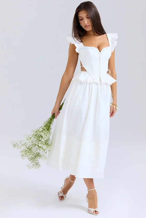 Augustine White Embroidered Cotton Midi Skirt Augustine White Embroidered Cotton Midi Skirt