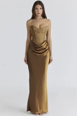 Aurelia Bronze Brocade Satin Corset Maxi Dress