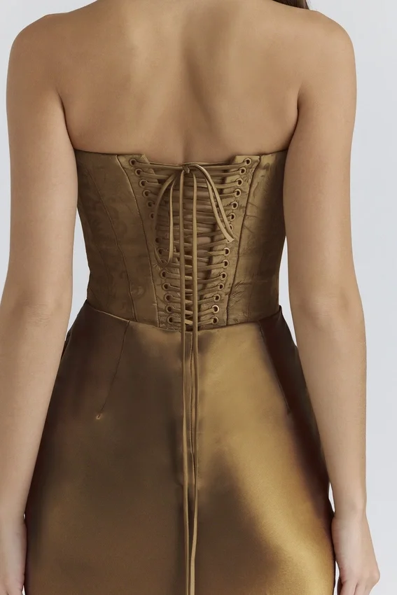 Aurelia Bronze Brocade Satin Corset Maxi Dress Aurelia Bronze Brocade Satin Corset Maxi Dress
