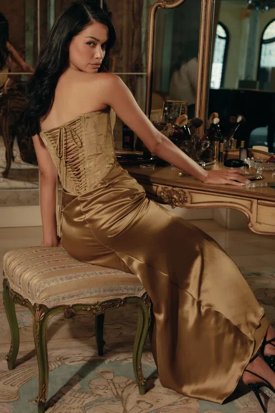 Aurelia Bronze Brocade Satin Corset Maxi Dress Aurelia Bronze Brocade Satin Corset Maxi Dress
