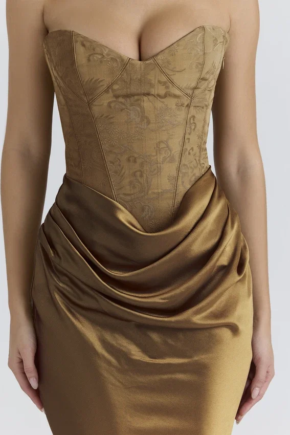 Aurelia Bronze Brocade Satin Corset Maxi Dress Aurelia Bronze Brocade Satin Corset Maxi Dress