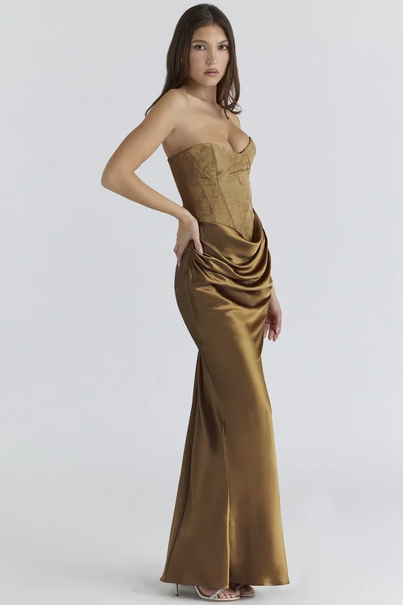 Aurelia Bronze Brocade Satin Corset Maxi Dress Aurelia Bronze Brocade Satin Corset Maxi Dress