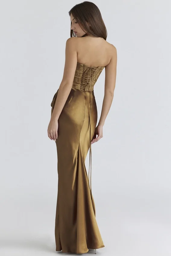 Aurelia Bronze Brocade Satin Corset Maxi Dress Aurelia Bronze Brocade Satin Corset Maxi Dress