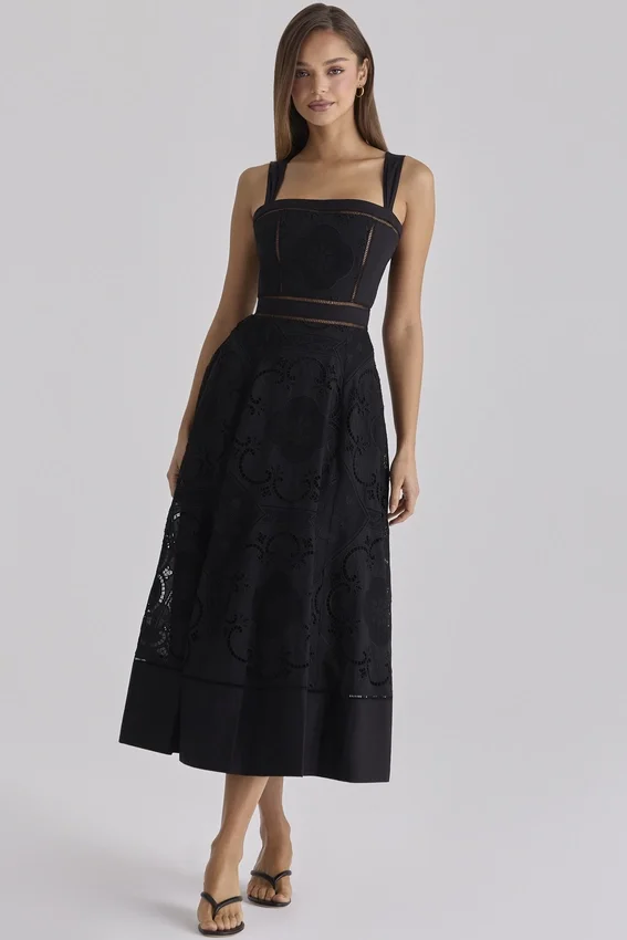 Ava Black Cotton Placement Broderie Anglaise Midi Dress Ava Black Cotton Placement Broderie Anglaise Midi Dress