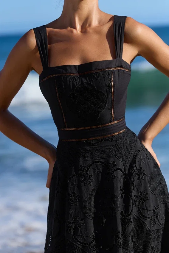 Ava Black Cotton Placement Broderie Anglaise Midi Dress Ava Black Cotton Placement Broderie Anglaise Midi Dress