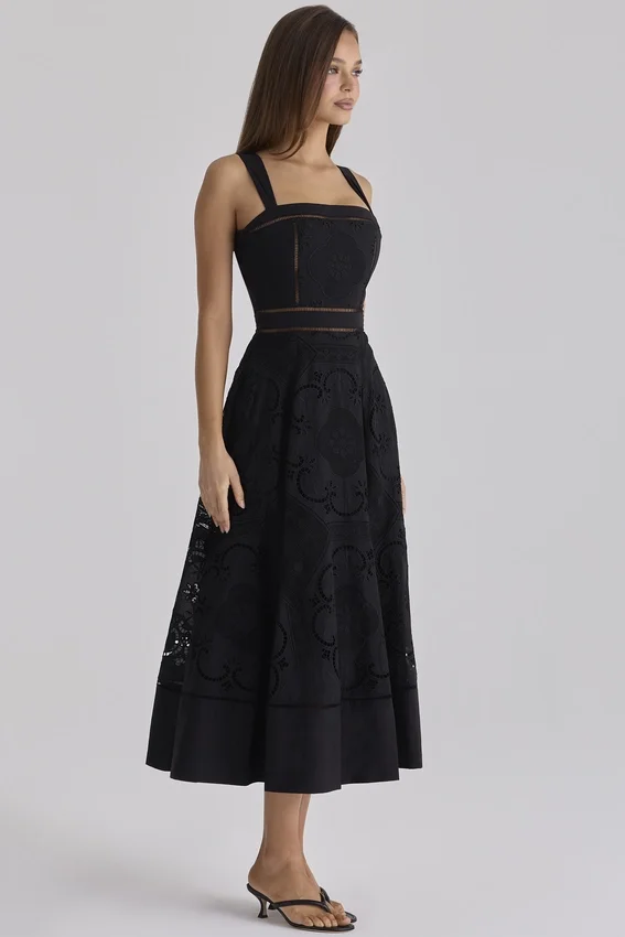 Ava Black Cotton Placement Broderie Anglaise Midi Dress Ava Black Cotton Placement Broderie Anglaise Midi Dress