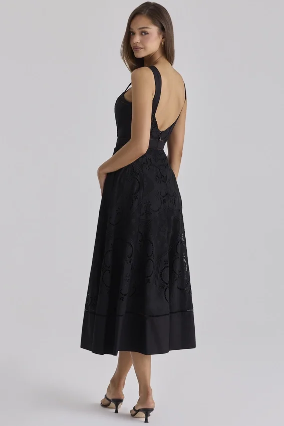 Ava Black Cotton Placement Broderie Anglaise Midi Dress Ava Black Cotton Placement Broderie Anglaise Midi Dress