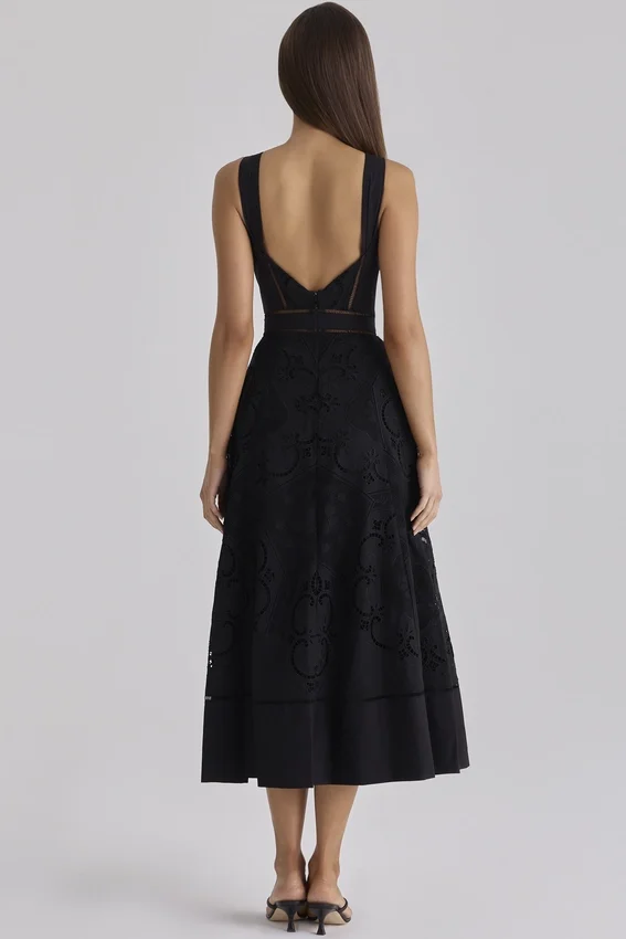 Ava Black Cotton Placement Broderie Anglaise Midi Dress Ava Black Cotton Placement Broderie Anglaise Midi Dress