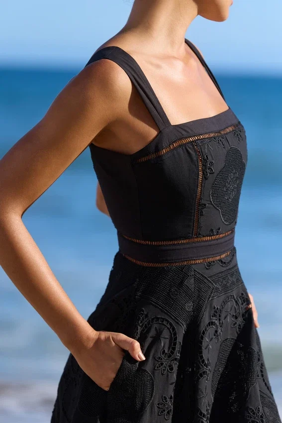 Ava Black Cotton Placement Broderie Anglaise Midi Dress Ava Black Cotton Placement Broderie Anglaise Midi Dress