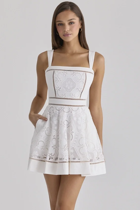 Ava White Custom Lace Cotton Broderie Anglaise Mini Sundress Ava White Custom Lace Cotton Broderie Anglaise Mini Sundress