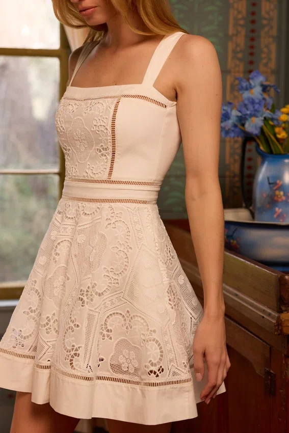 Ava White Custom Lace Cotton Broderie Anglaise Mini Sundress Ava White Custom Lace Cotton Broderie Anglaise Mini Sundress