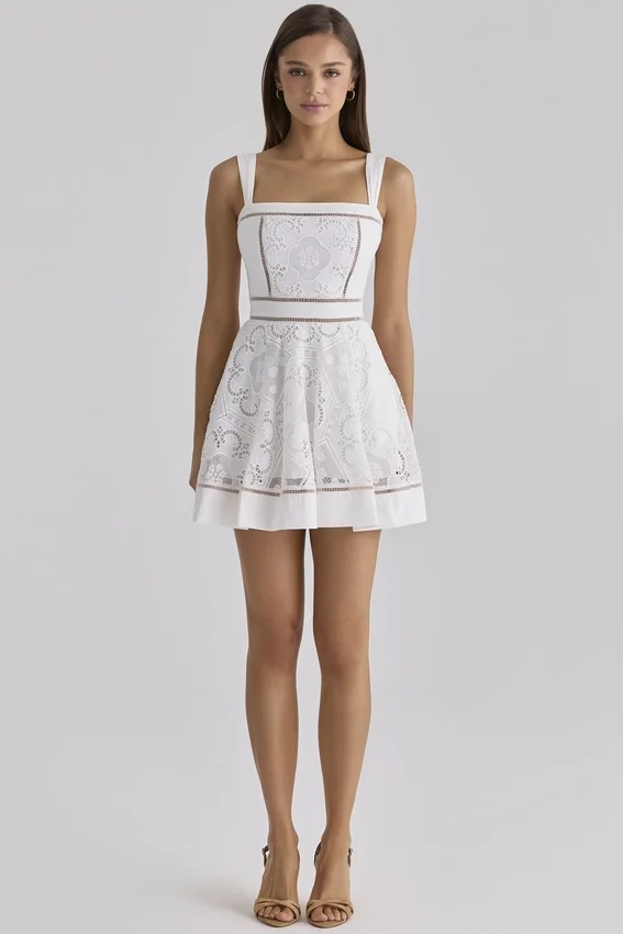 Ava White Custom Lace Cotton Broderie Anglaise Mini Sundress Ava White Custom Lace Cotton Broderie Anglaise Mini Sundress
