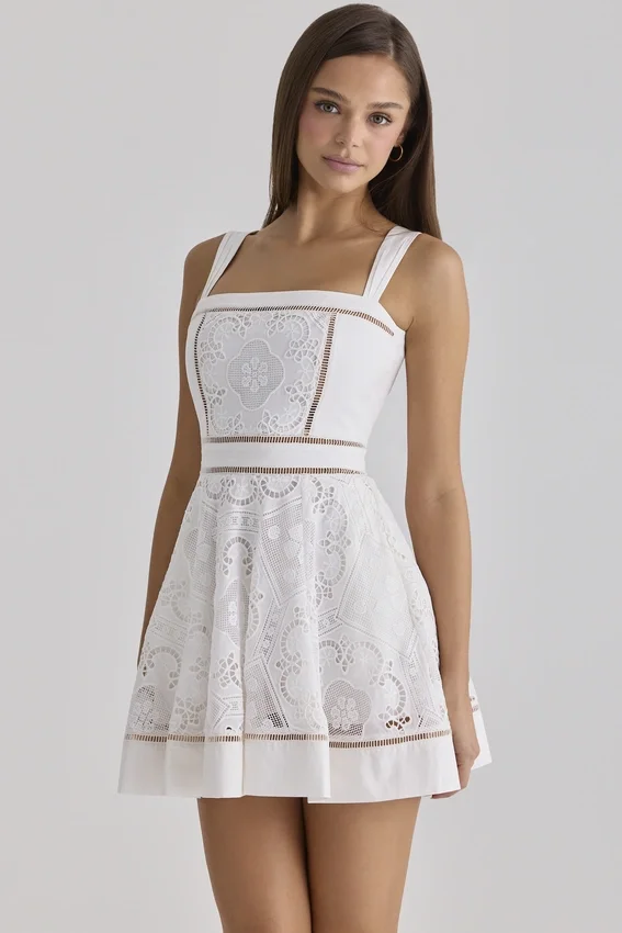Ava White Custom Lace Cotton Broderie Anglaise Mini Sundress Ava White Custom Lace Cotton Broderie Anglaise Mini Sundress